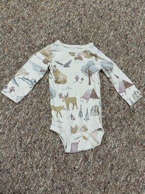 Cream Woodland Print Long-Sleeve One-Piece Bodysuit - Size 12 Month